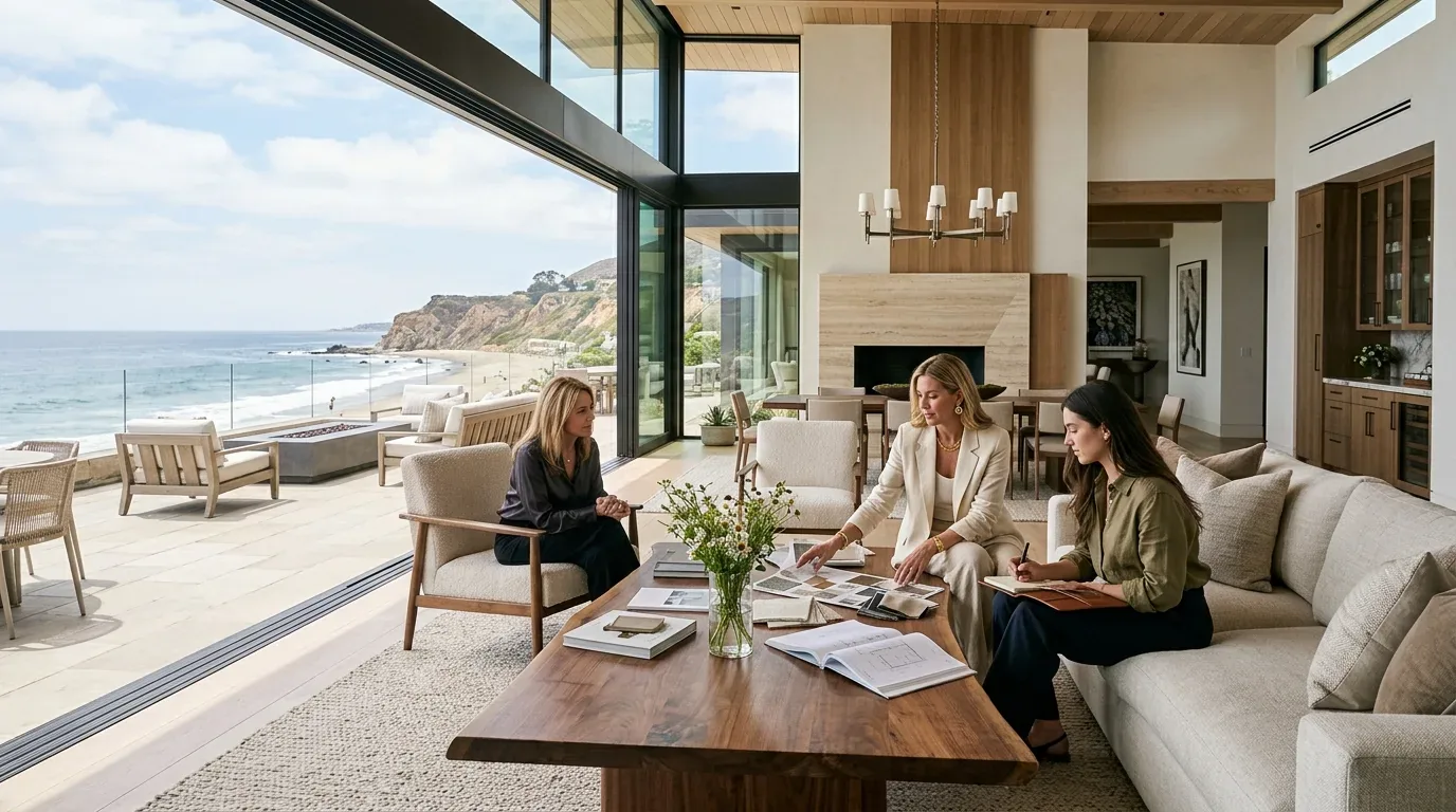 A modern living room with large glass windows overlooking a beach, featuring three women discussing design materials around a wooden coffee table