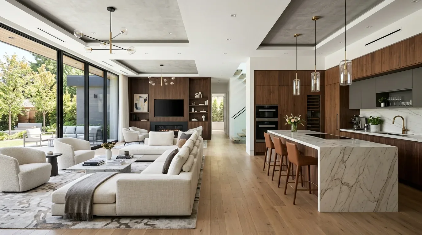 A modern open-concept living room and kitchen with large windows, wood cabinetry, marble island, and neutral furnishings