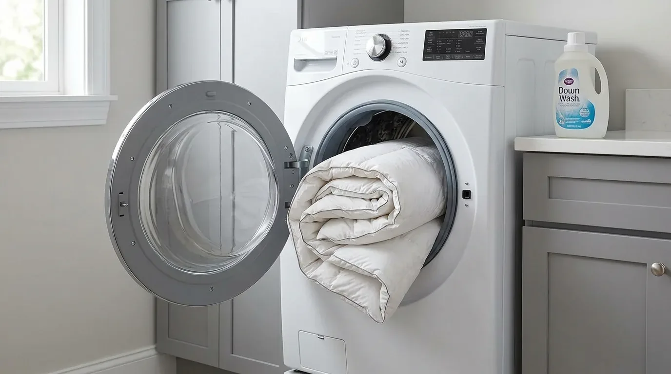 A modern laundry room with a front-loading washing machine open and a comforter inside, next to a gray cabinet with a bottle of Down Wash detergent on the