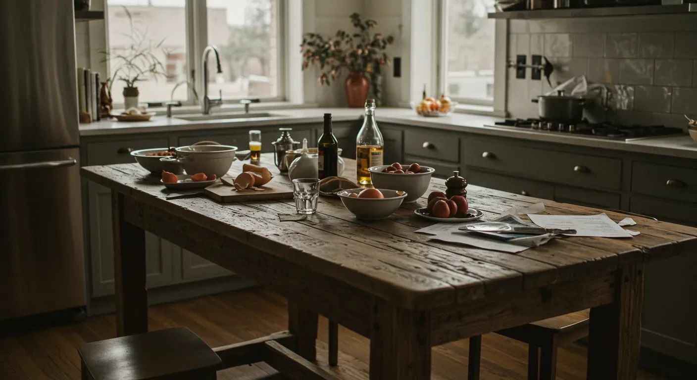 A rustic kitchen with a large wooden island table cluttered with bowls, bottles, and papers, featuring gray cabinetry and a stainless steel refrigerator