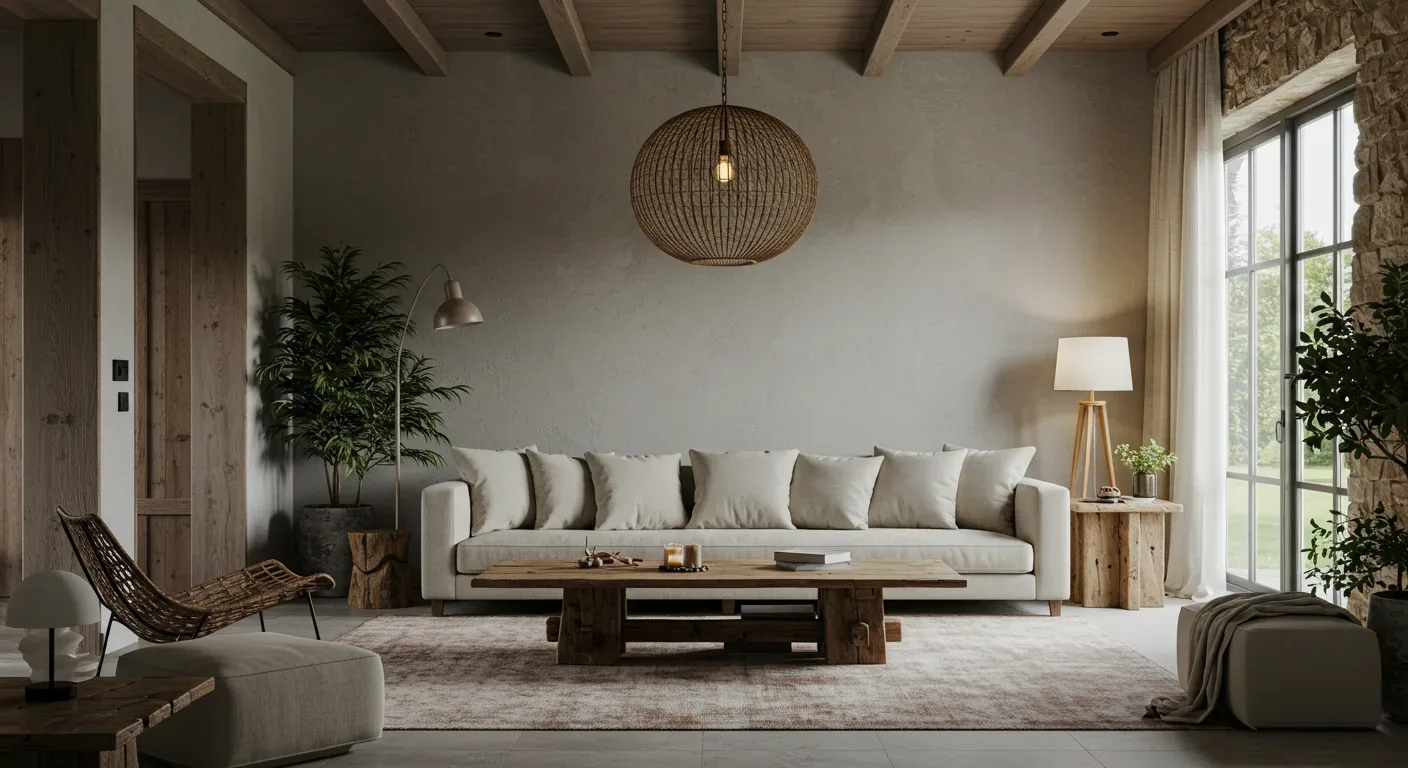 A modern living room with a large beige sofa, wooden coffee table, woven chair, and large window with stone wall