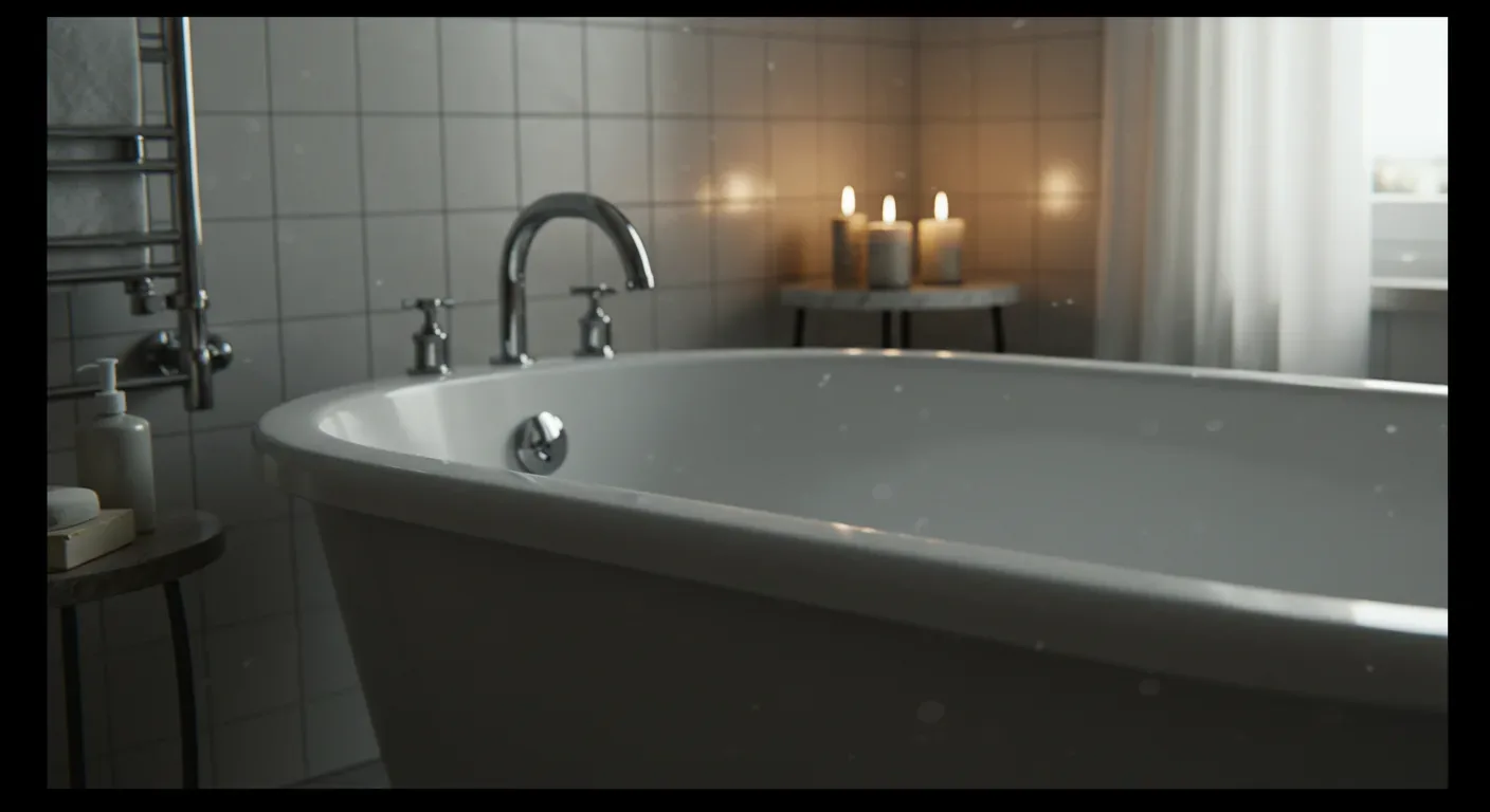 A modern bathroom featuring a white freestanding bathtub, chrome fixtures, tiled walls, lit candles on a small table, and a window with sheer curtains