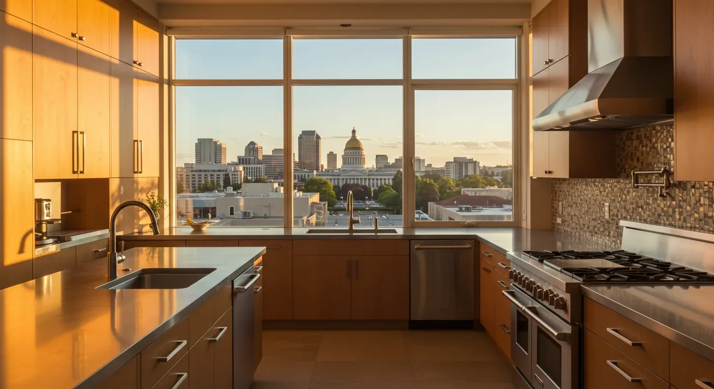 Modern kitchen with wooden cabinetry, stainless steel appliances, and a large window overlooking a city skyline with a domed capitol building