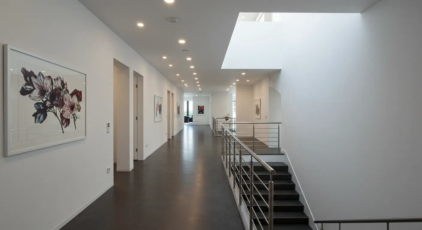 A modern, minimalist hallway with white walls, dark flooring, recessed ceiling lights, floral artwork, and a metal railing along a staircase