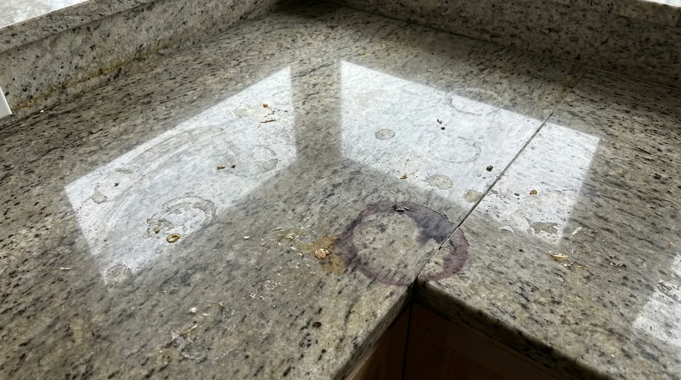 A close-up of a dirty granite kitchen countertop with various stains and ring marks