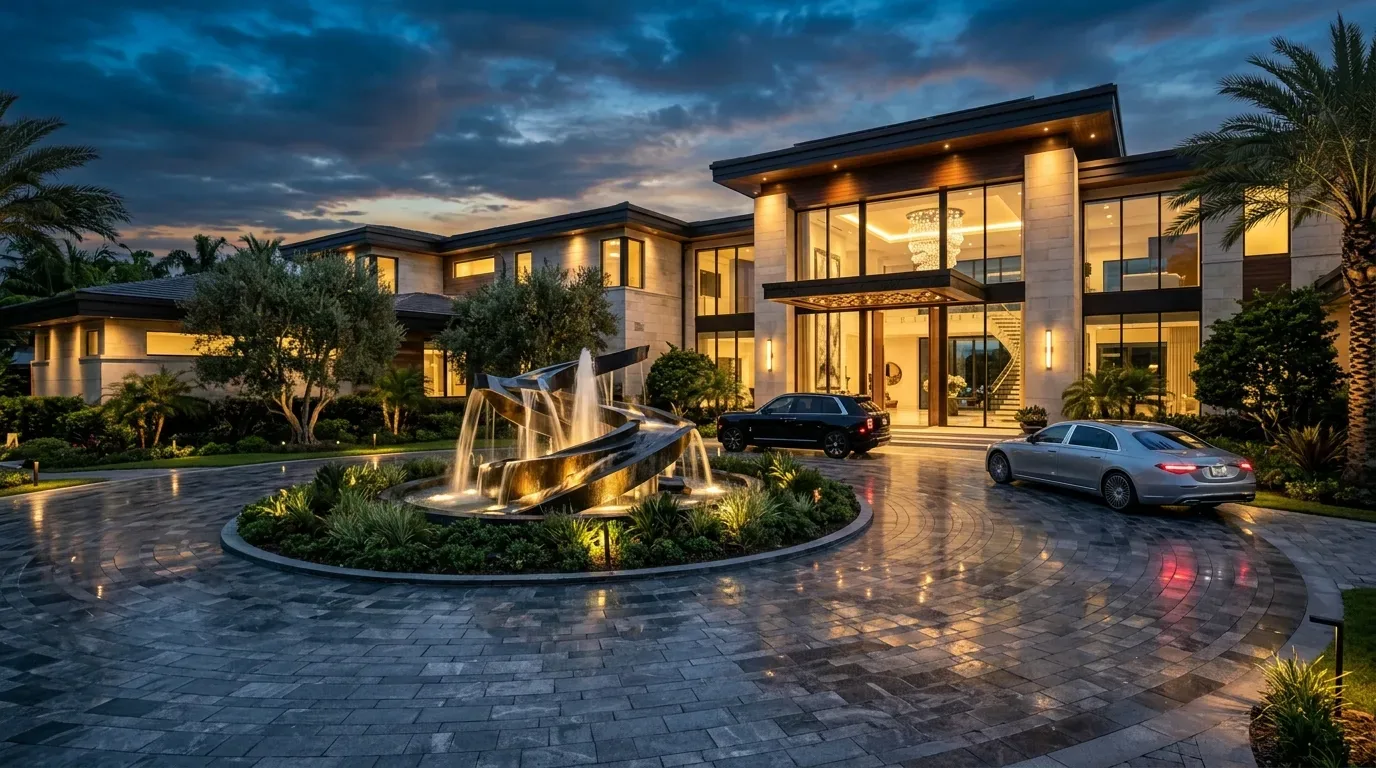 A modern luxury mansion exterior at dusk with a circular driveway, central water fountain, and two cars parked in front