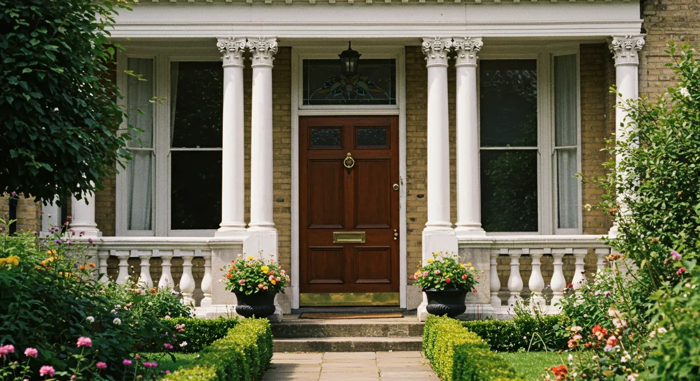 Front exterior of a traditional house with a wooden door, white columns, and a garden pathway