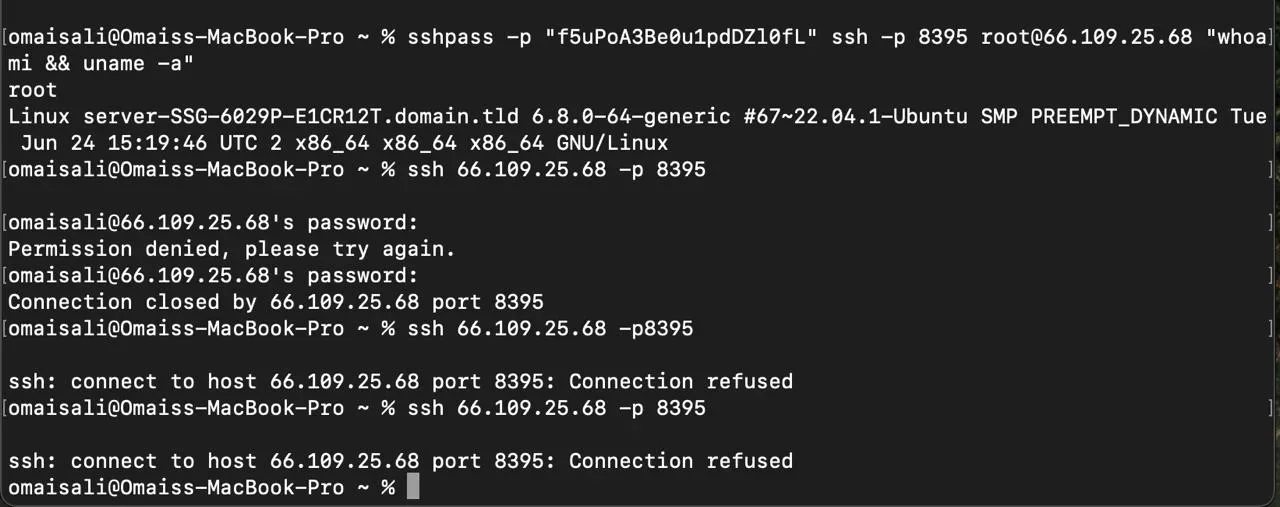 A terminal window showing multiple SSH connection attempts to a remote server with connection refused errors