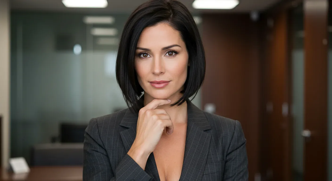 A professional woman in a pinstripe blazer posing confidently in a modern office setting