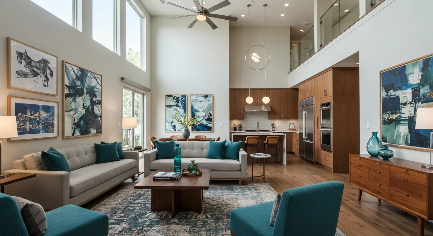 A modern open-concept living room and kitchen with high ceilings, teal accents, wooden furniture, and large windows
