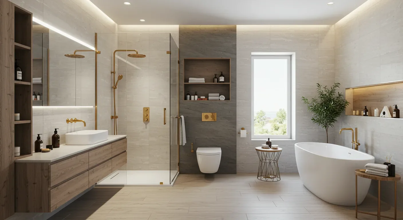 A modern bathroom with a floating wooden vanity, glass shower enclosure, freestanding bathtub, and gold fixtures