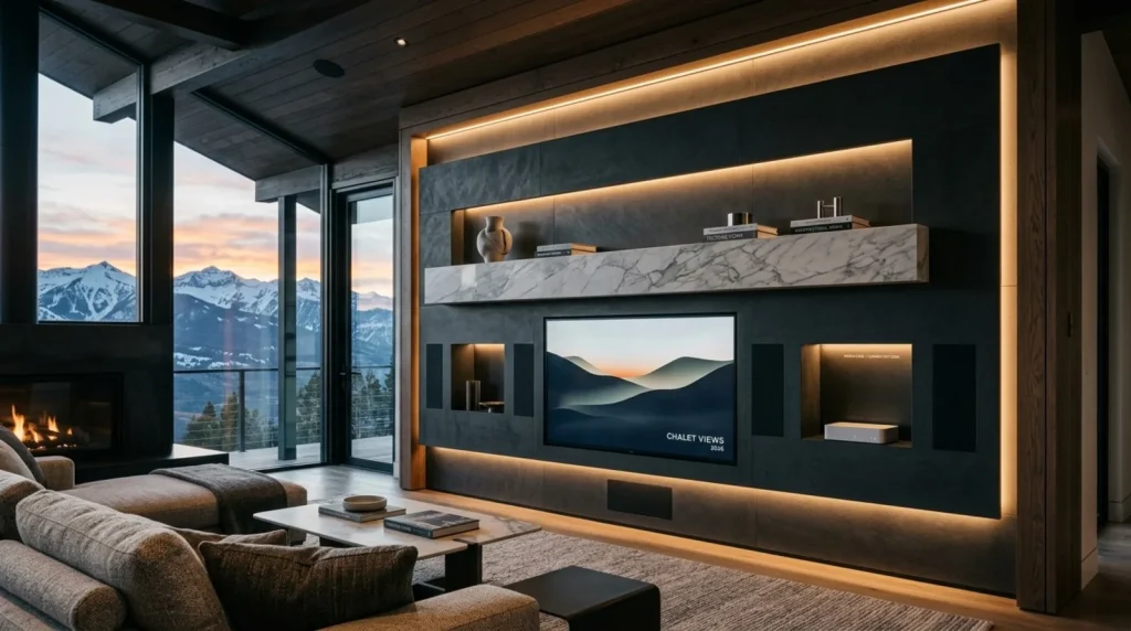 A modern living room with a beige sofa, dark accent wall, large window, and minimalist decor