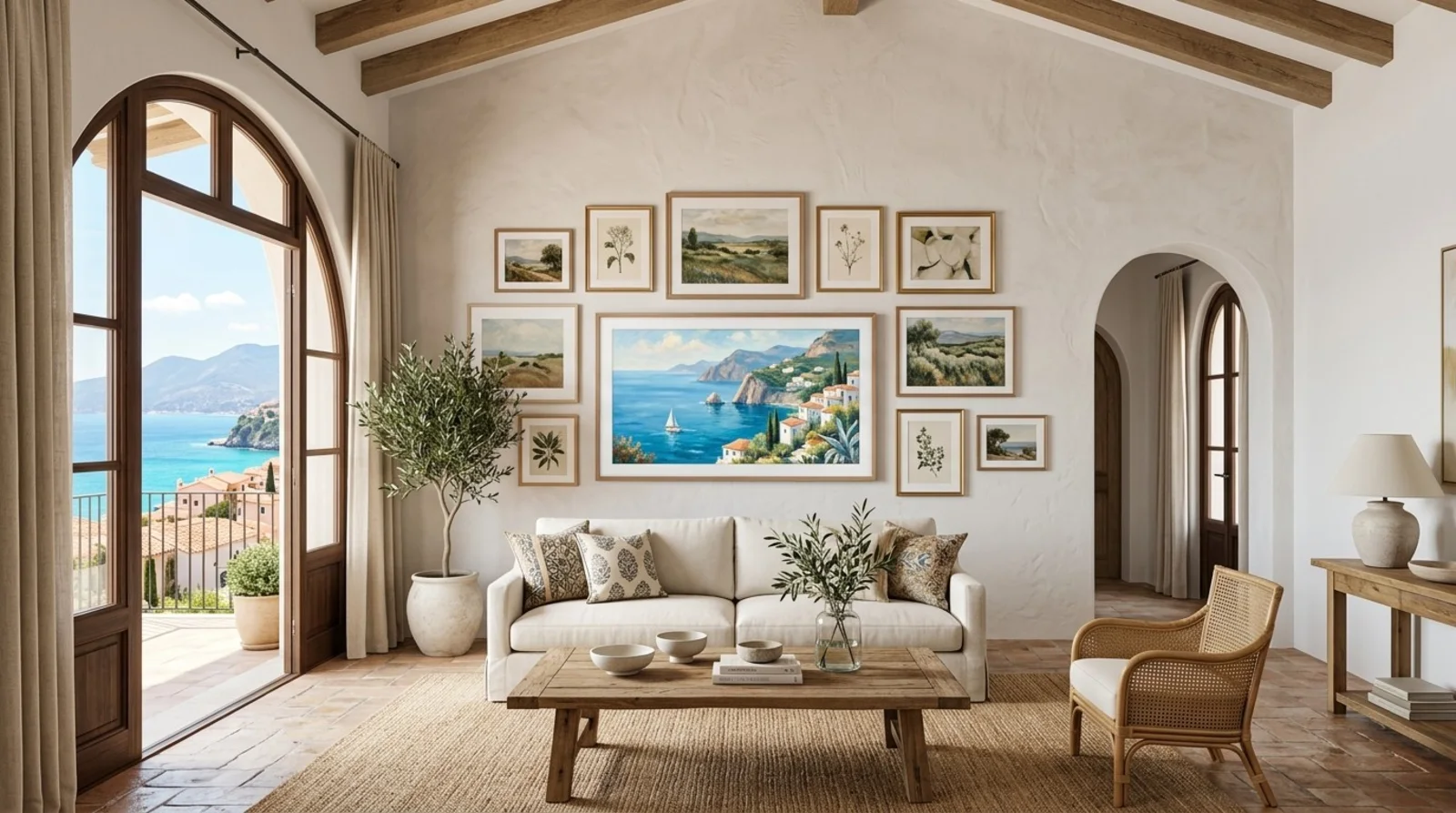 White plaster room with a gallery wall of framed landscapes surrounding a central frame-style screen above a linen sofa