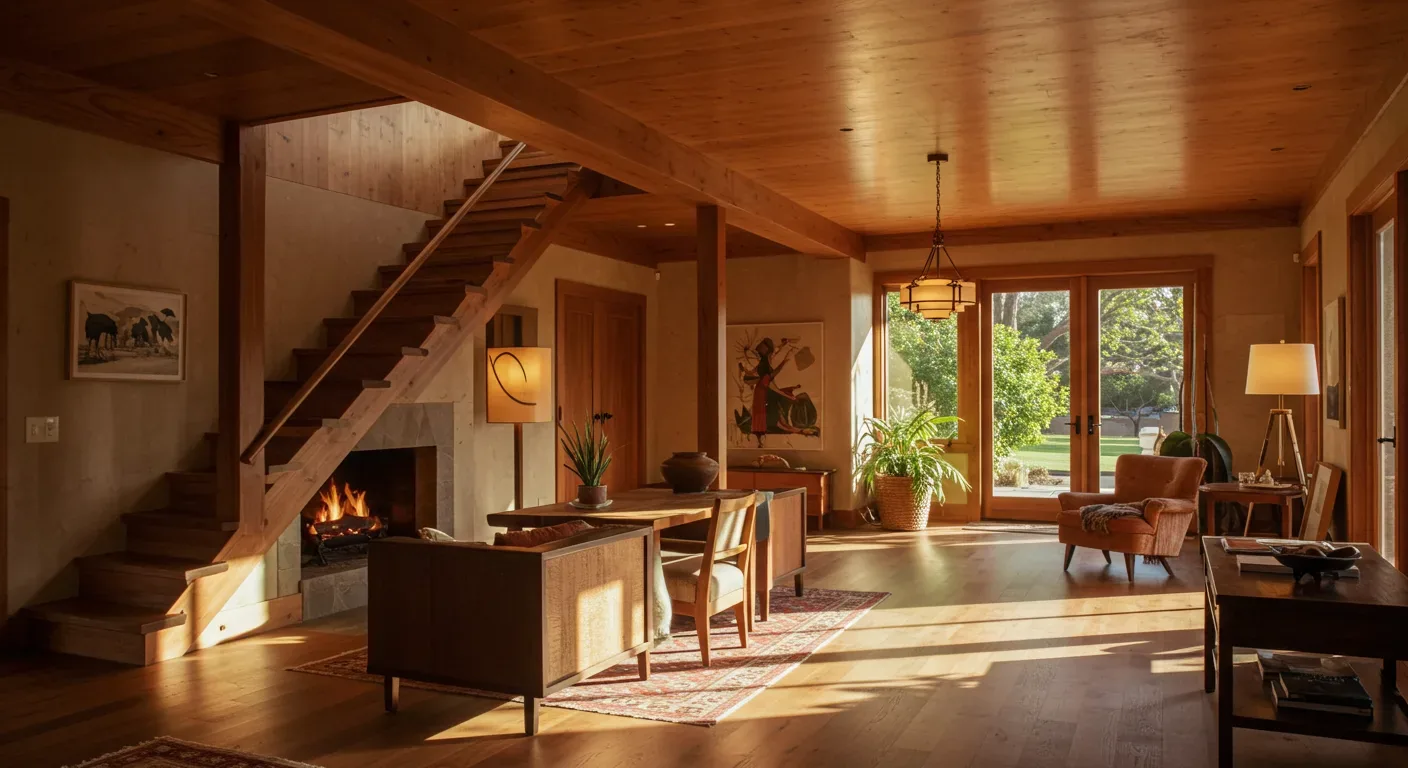 A warm, wood-accented living room with a staircase, fireplace, large windows, and mid-century modern furniture