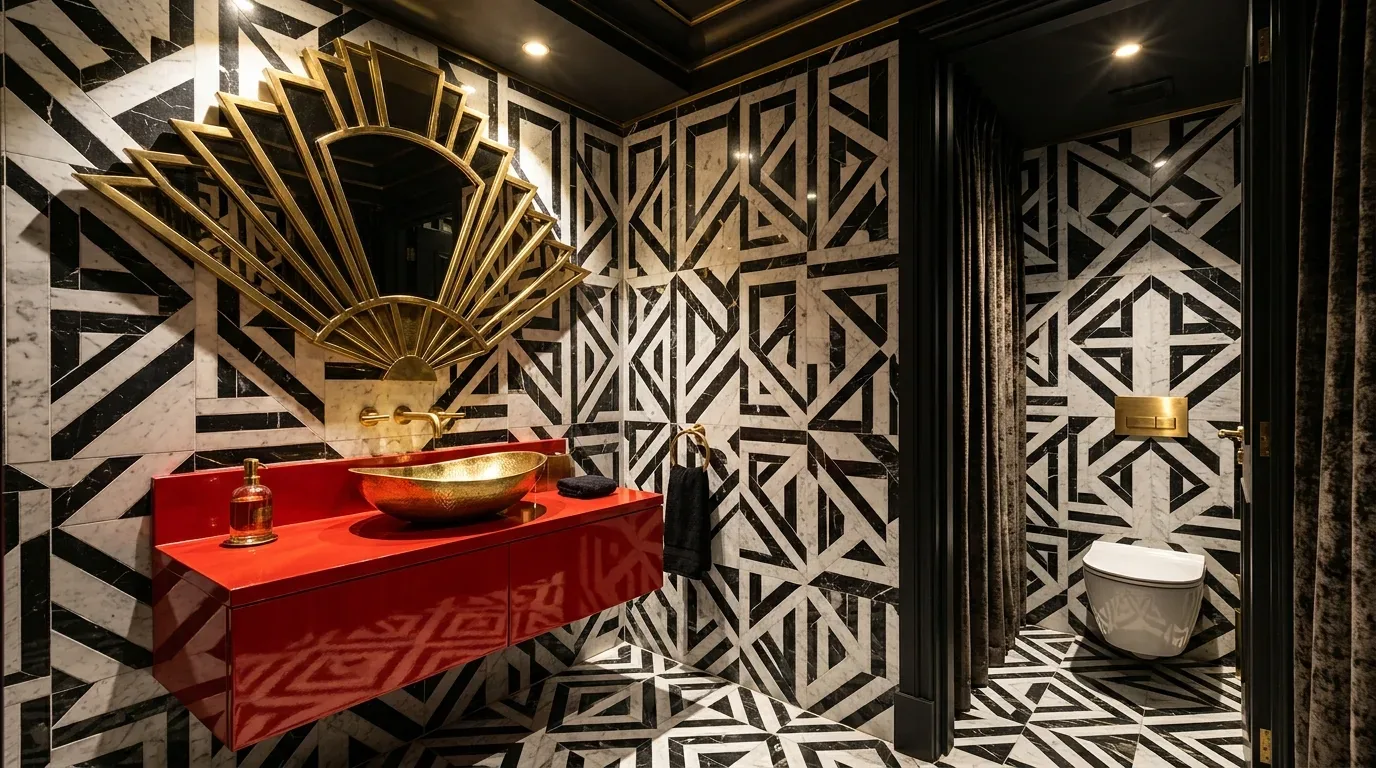A luxurious bathroom with black and white geometric patterned tiles, a red floating vanity with a gold vessel sink, and a gold sunburst mirror