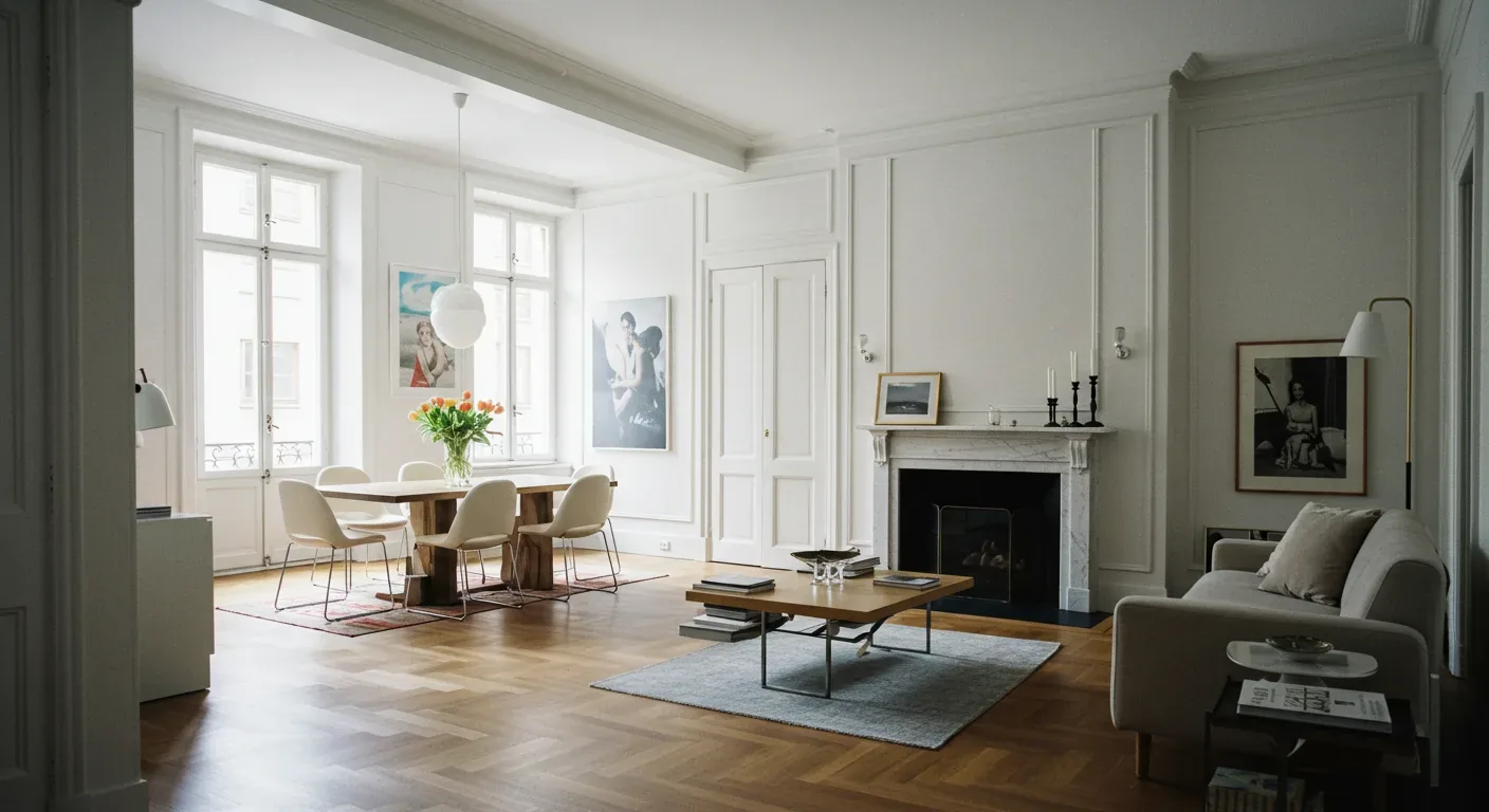 A bright, modern living and dining room with white walls, large windows, a wooden dining table with chairs, a fireplace, and minimalist furniture