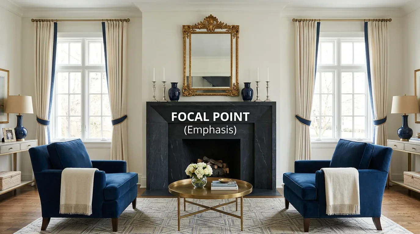 A living room with two blue armchairs facing a black fireplace with a gold-framed mirror above it and a round brass coffee table in front