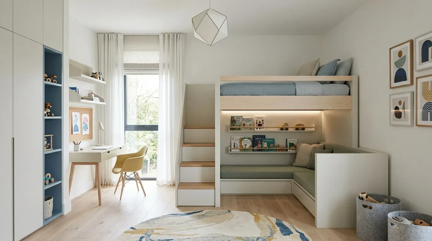 A bright and modern children's bedroom with a loft bed, built-in seating, a study desk, and minimalist decor