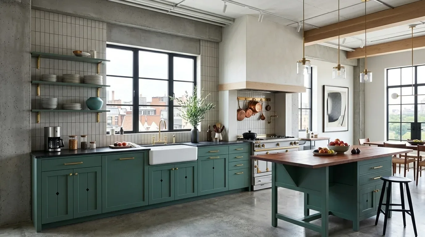 A bright kitchen with natural wood cabinets, white countertops, a farmhouse sink, and large windows overlooking greenery