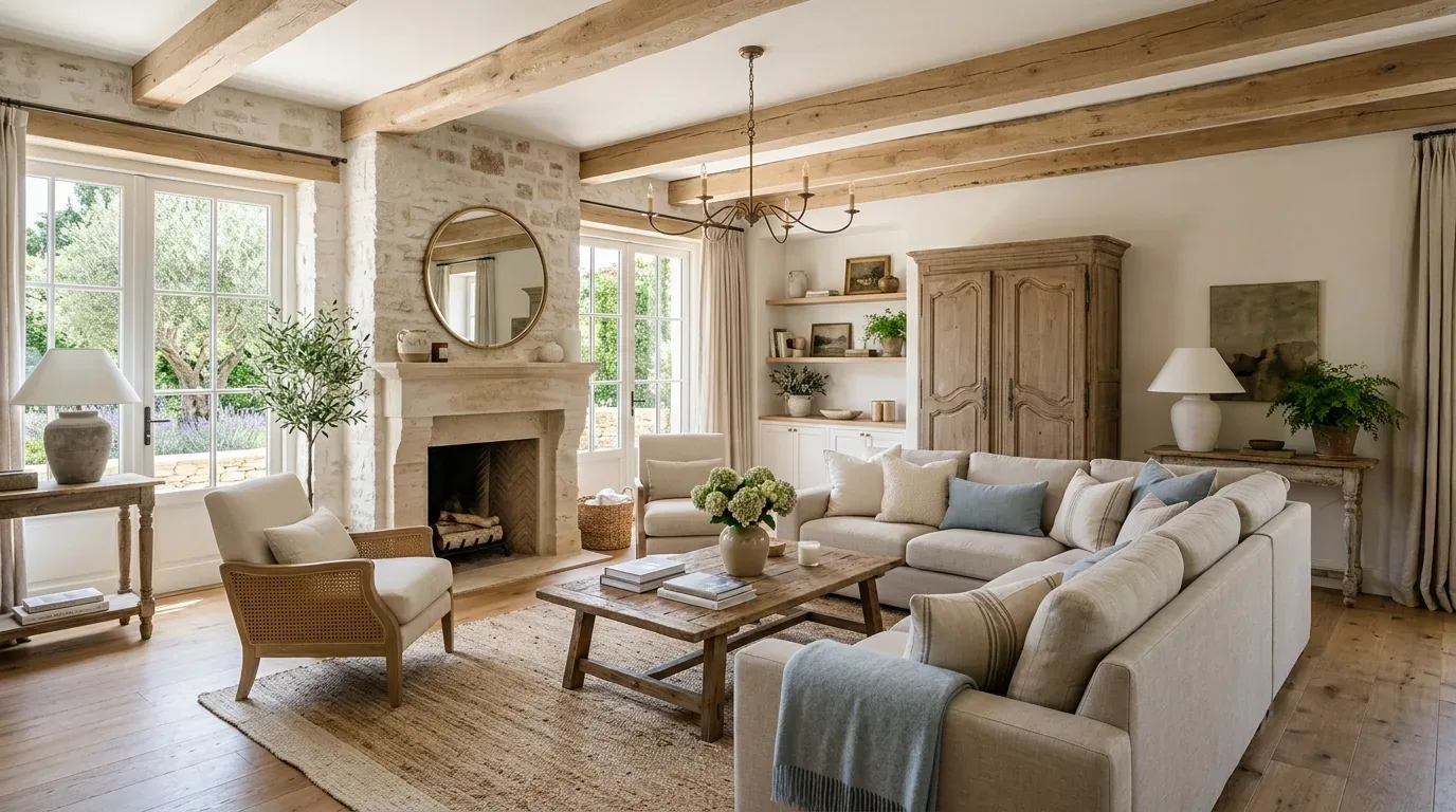 A cozy living room with neutral tones, wooden beams, a stone fireplace, and comfortable seating