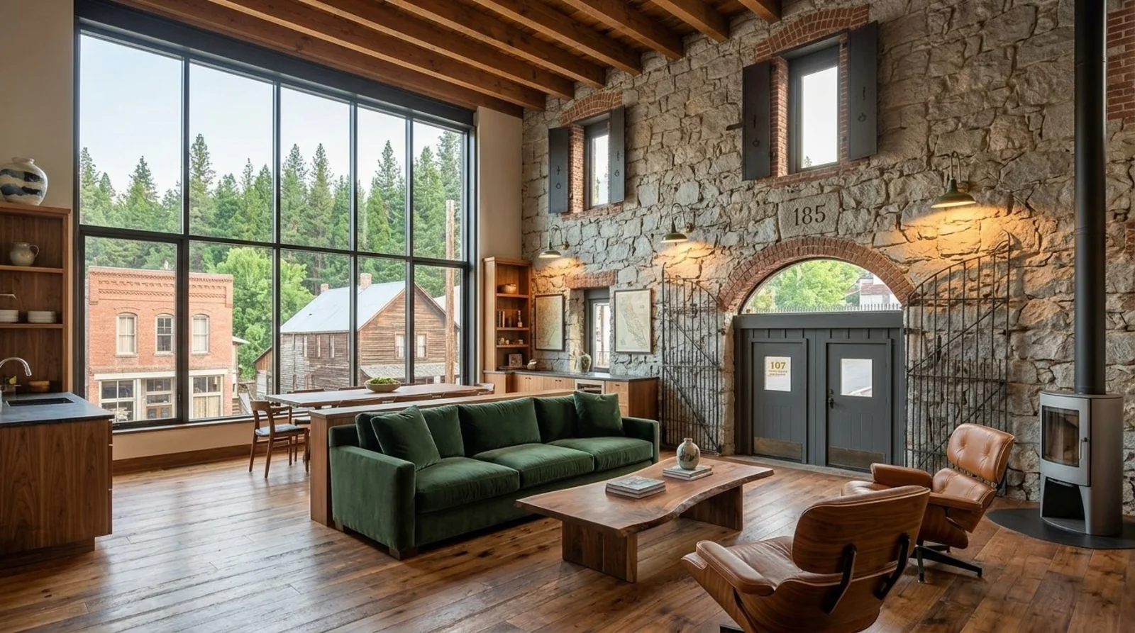 Loft living space with green velvet sofa, Eames lounge chair, exposed granite wall with brick arch, and picture windows over historic downtown Nevada City