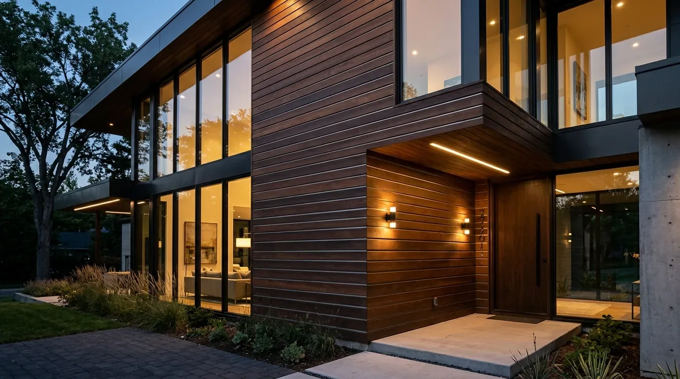 A snug cabin under trees, gravel path leading up