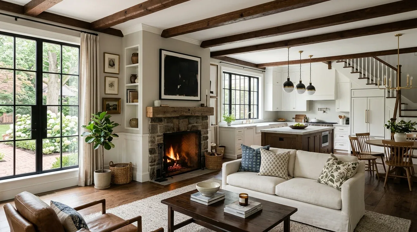 A cozy open-concept living room and kitchen with exposed wooden beams, a stone fireplace, and modern farmhouse decor