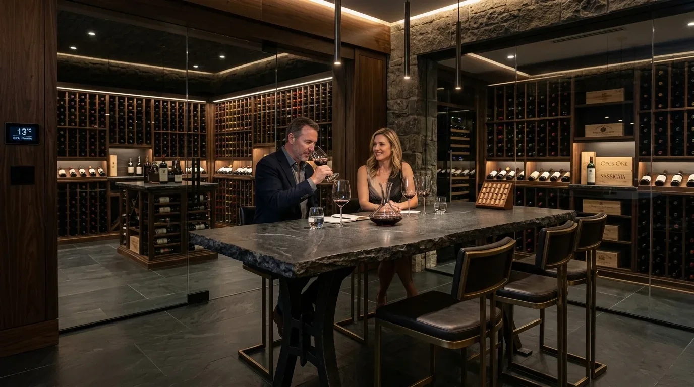 A modern wine cellar with a large stone table, wine racks filled with bottles, and two people tasting wine