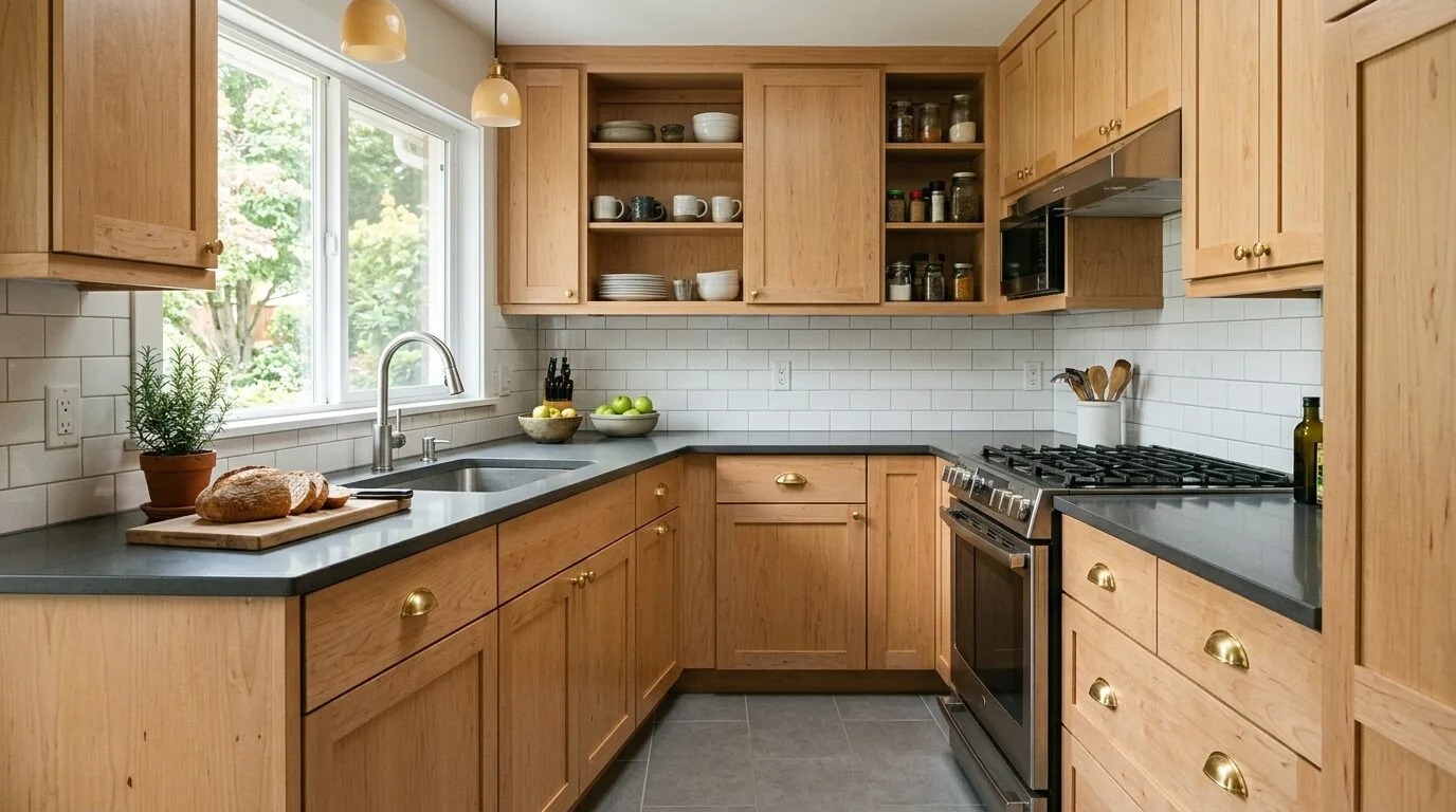 A modern kitchen with light wood cabinets, gray countertops, white subway tile backsplash, and stainless steel appliances