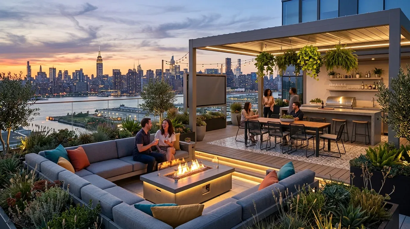 A modern rooftop outdoor lounge and dining area with a fire pit, seating, hanging plants, and a city skyline at sunset in the background