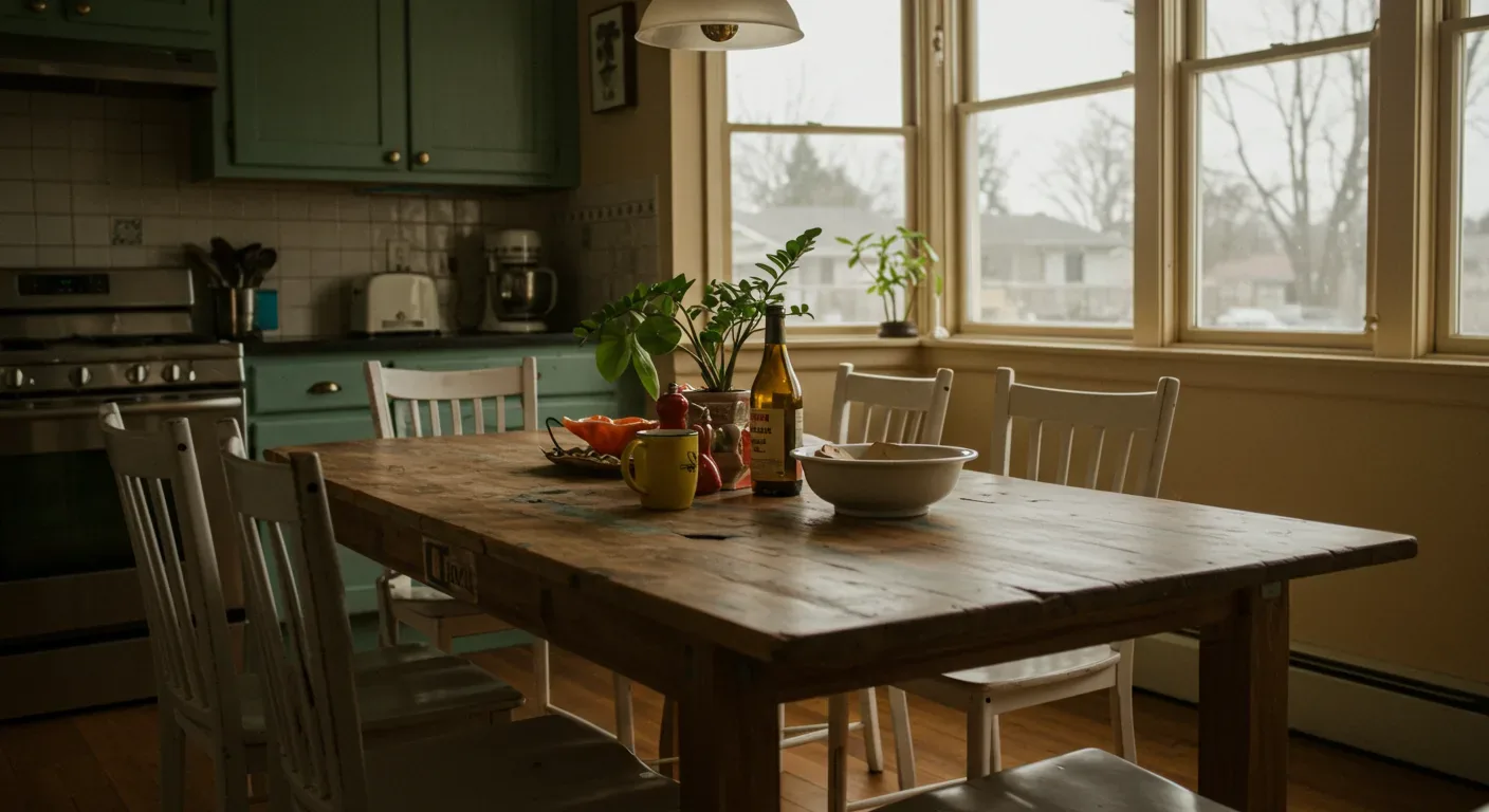 A rustic kitchen dining area with a wooden table, white chairs, green cabinets, and large windows