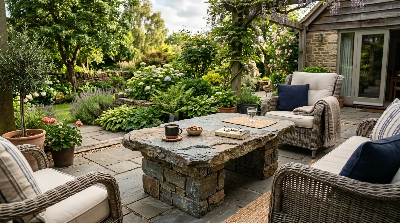 A cozy outdoor patio seating area with wicker furniture, a stone table, and lush garden surroundings
