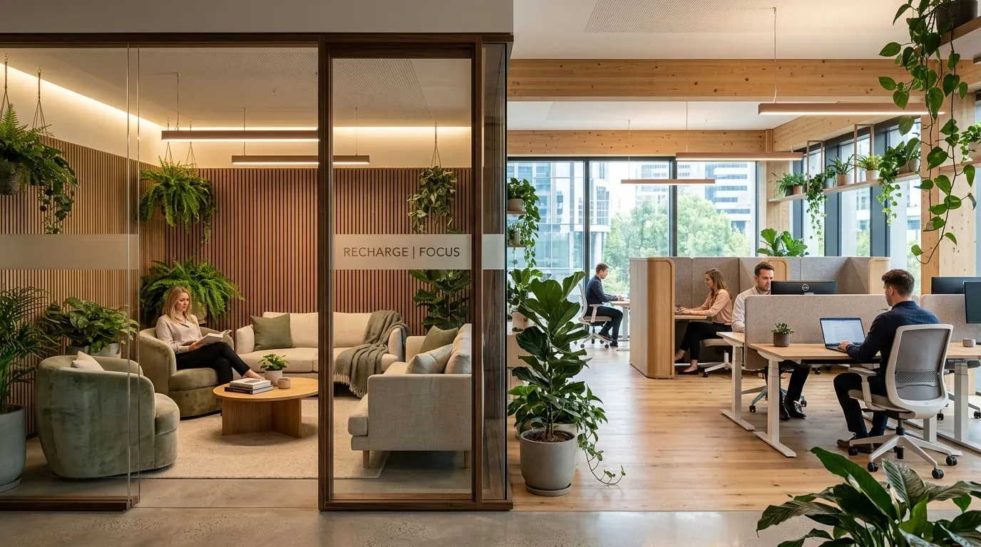 A modern office space with a glass-enclosed lounge area labeled 'RECHARGE | FOCUS' and an open workspace with desks and people working on laptops