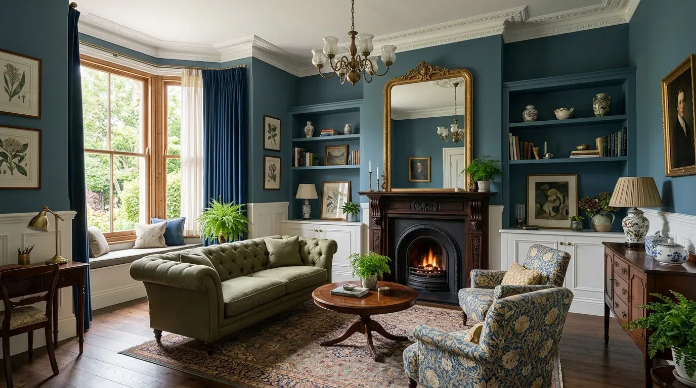 A traditional living room with blue walls, a green tufted sofa, floral armchairs, a wooden coffee table, and a fireplace with a large ornate gold mirror
