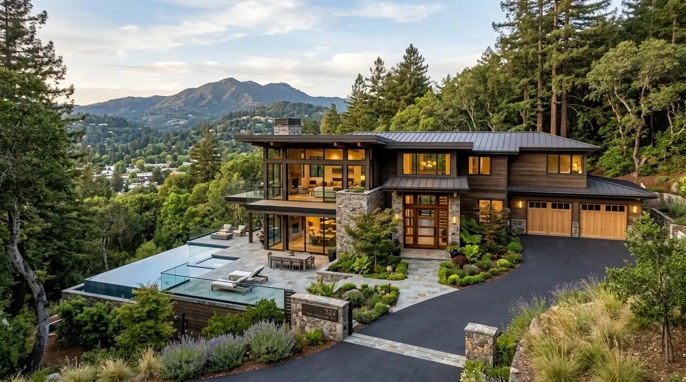 A modern two-story house with large glass windows, a spacious patio with lounge chairs, and a scenic mountain view