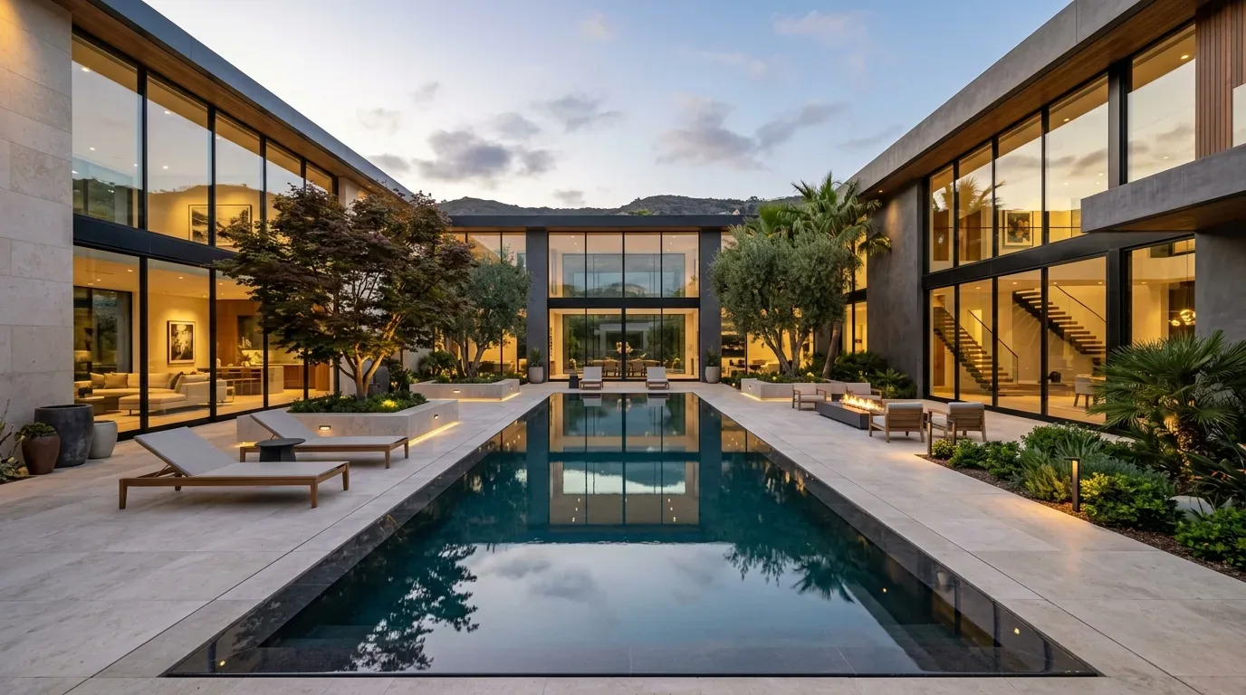 A modern luxury outdoor courtyard with a rectangular pool, lounge chairs, fire pit seating, and large glass windows showing interior living spaces