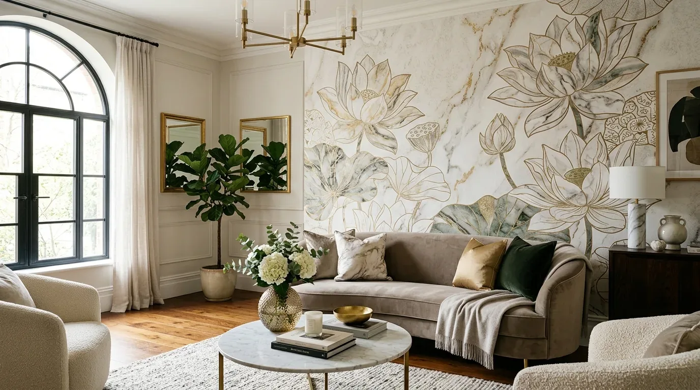 A stylish living room with a curved beige sofa, floral wallpaper, a round marble coffee table, and large arched window