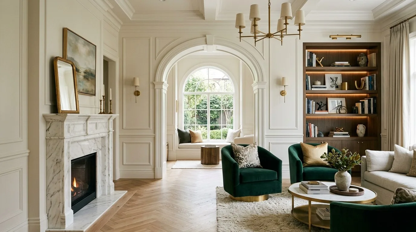 A formal living room with cream paneled walls, a marble fireplace, an arched doorway framing a window seat, lit built-in walnut shelving, and two emerald green velvet armchairs