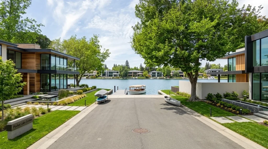 A waterfront view of a marina with boats docked and hillside houses in the background under a clear sky.