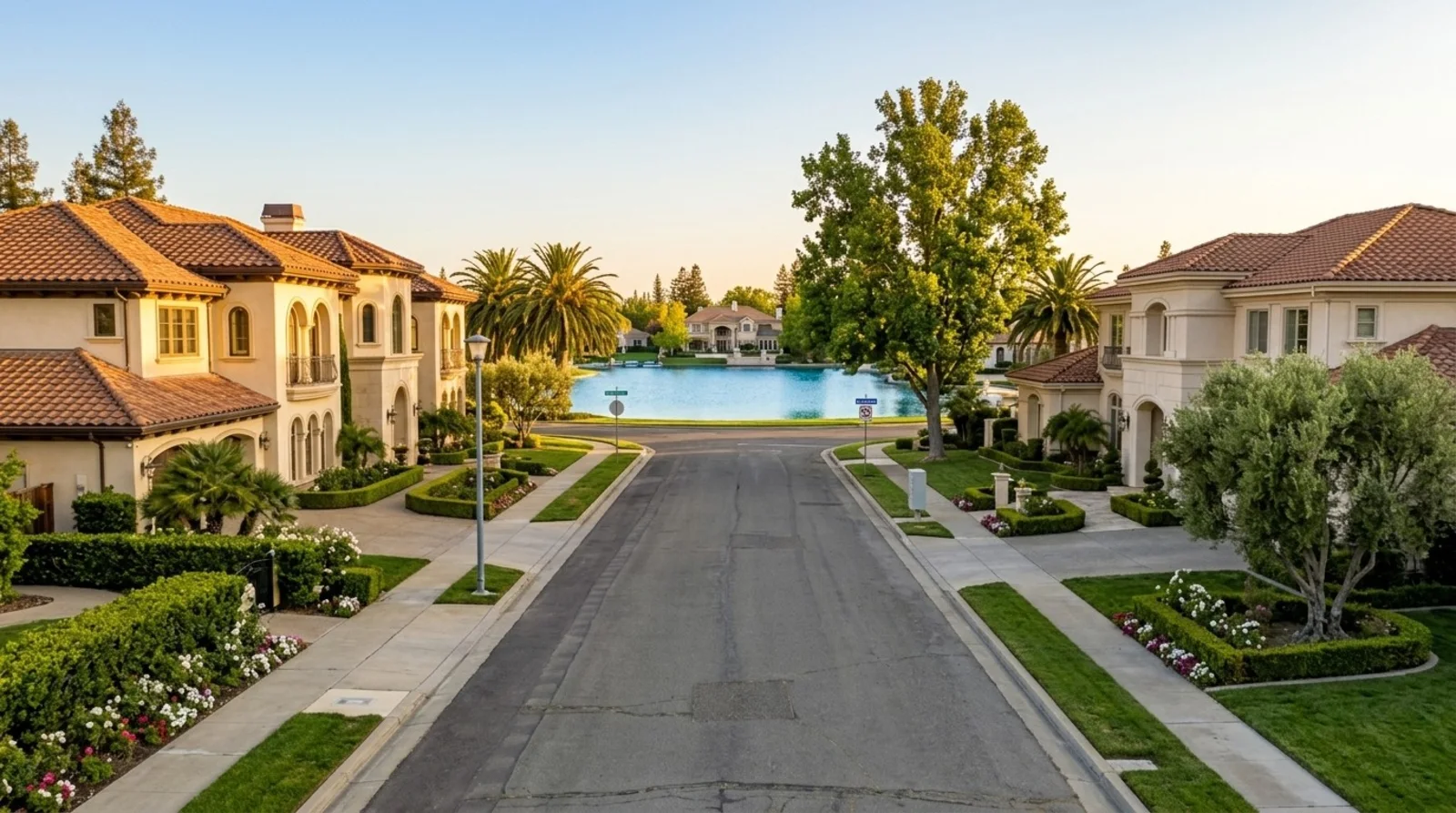 Mediterranean-style homes with tile roofs and manicured hedges lining a quiet Pocket-Greenhaven street that ends at a neighborhood lake