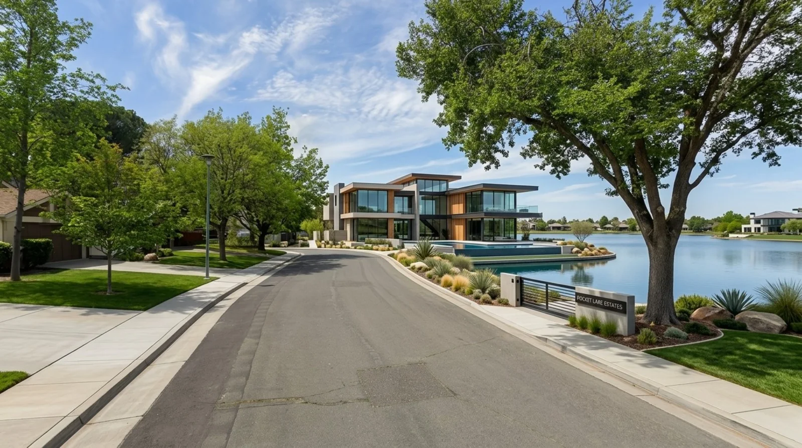 Flat-roofed contemporary home with floor-to-ceiling glass, warm wood cladding, and an infinity-edge pool on a Pocket-Greenhaven lakefront lot