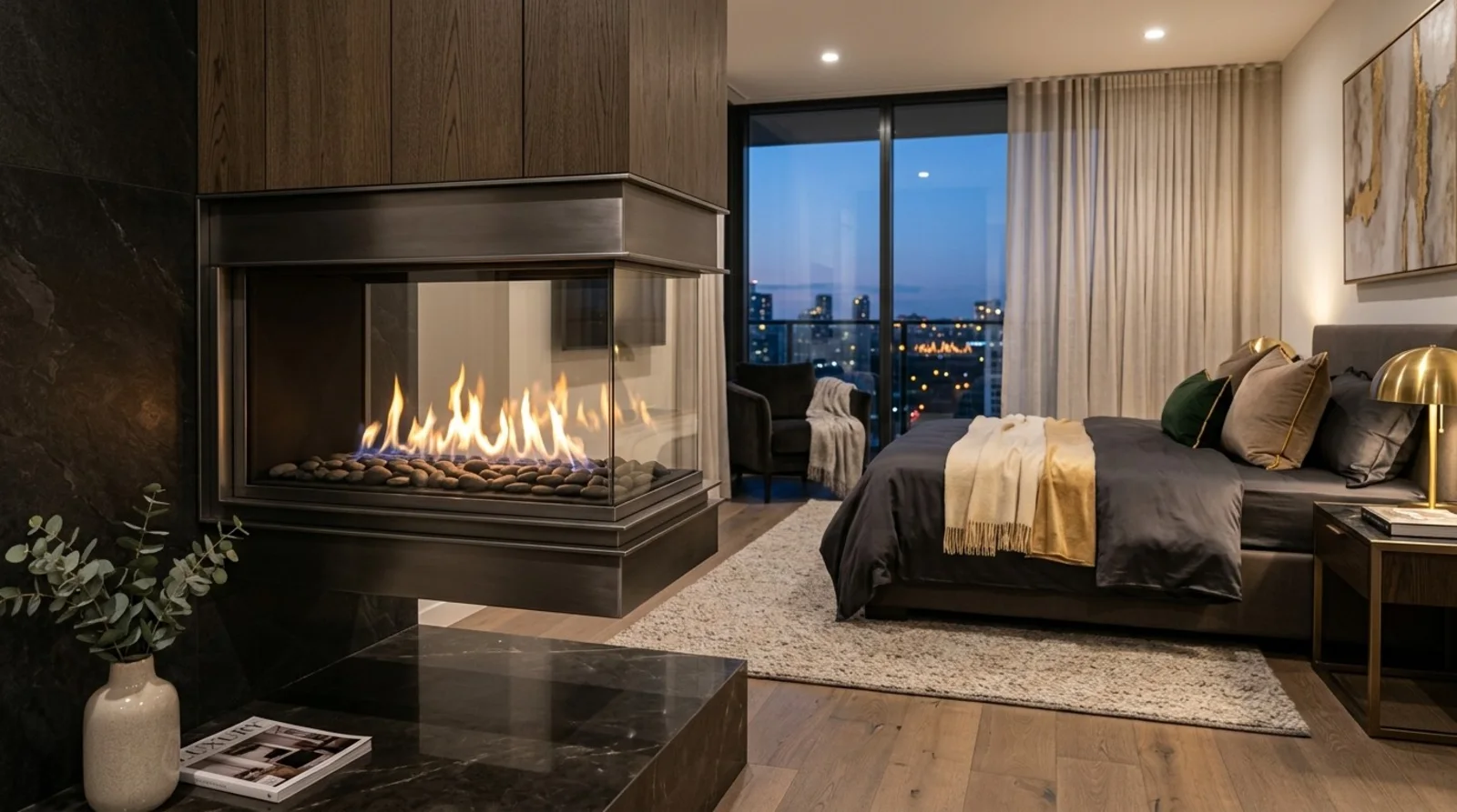 Primary bedroom with a three-sided glass fireplace in dark oak cabinetry, marble hearth, and floor-to-ceiling windows framing evening water and city views
