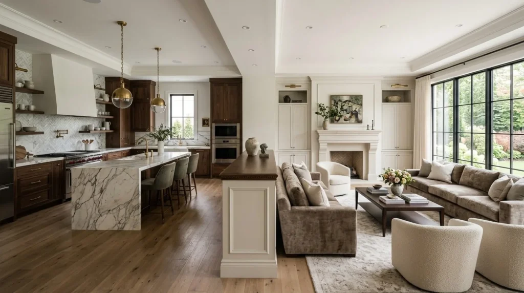 Open-plan kitchen and living room separated by a cream paneled pony wall with a walnut cap