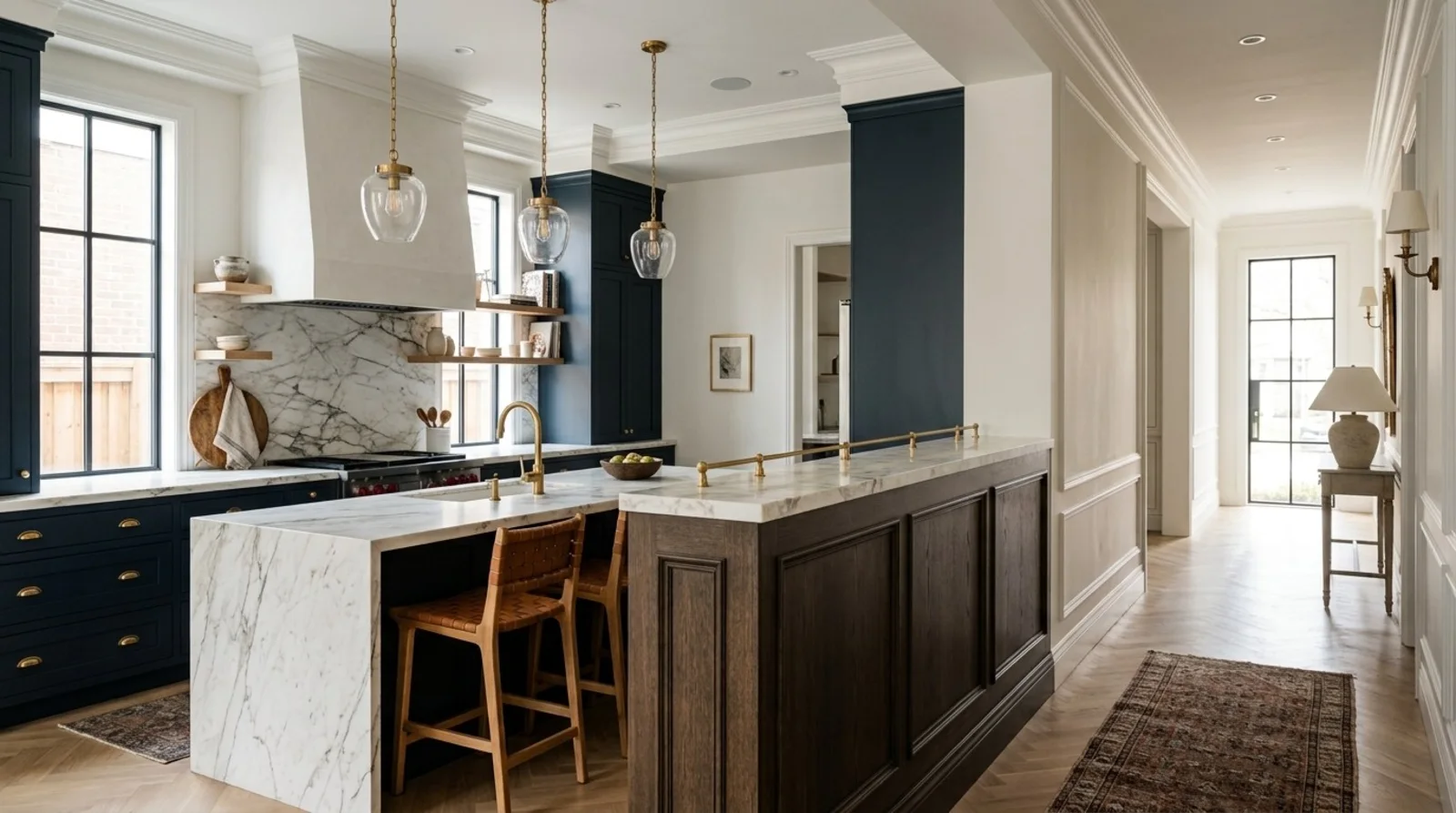 Kitchen island with a marble waterfall counter backed by a dark stained-oak paneled pony wall with a brass gallery rail, navy cabinetry and glass pendants beyond