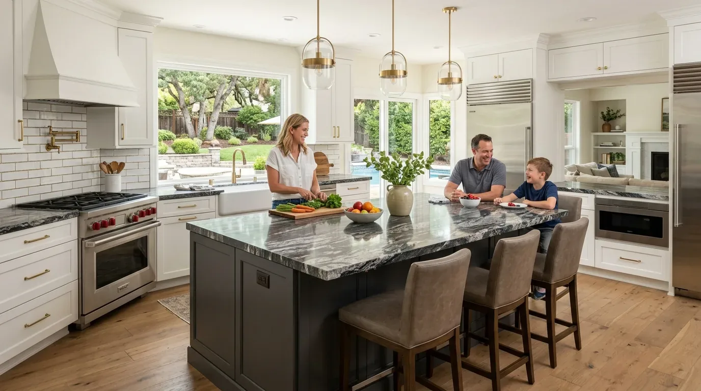 A modern kitchen with a large marble island, white cabinetry, and a family preparing and eating food