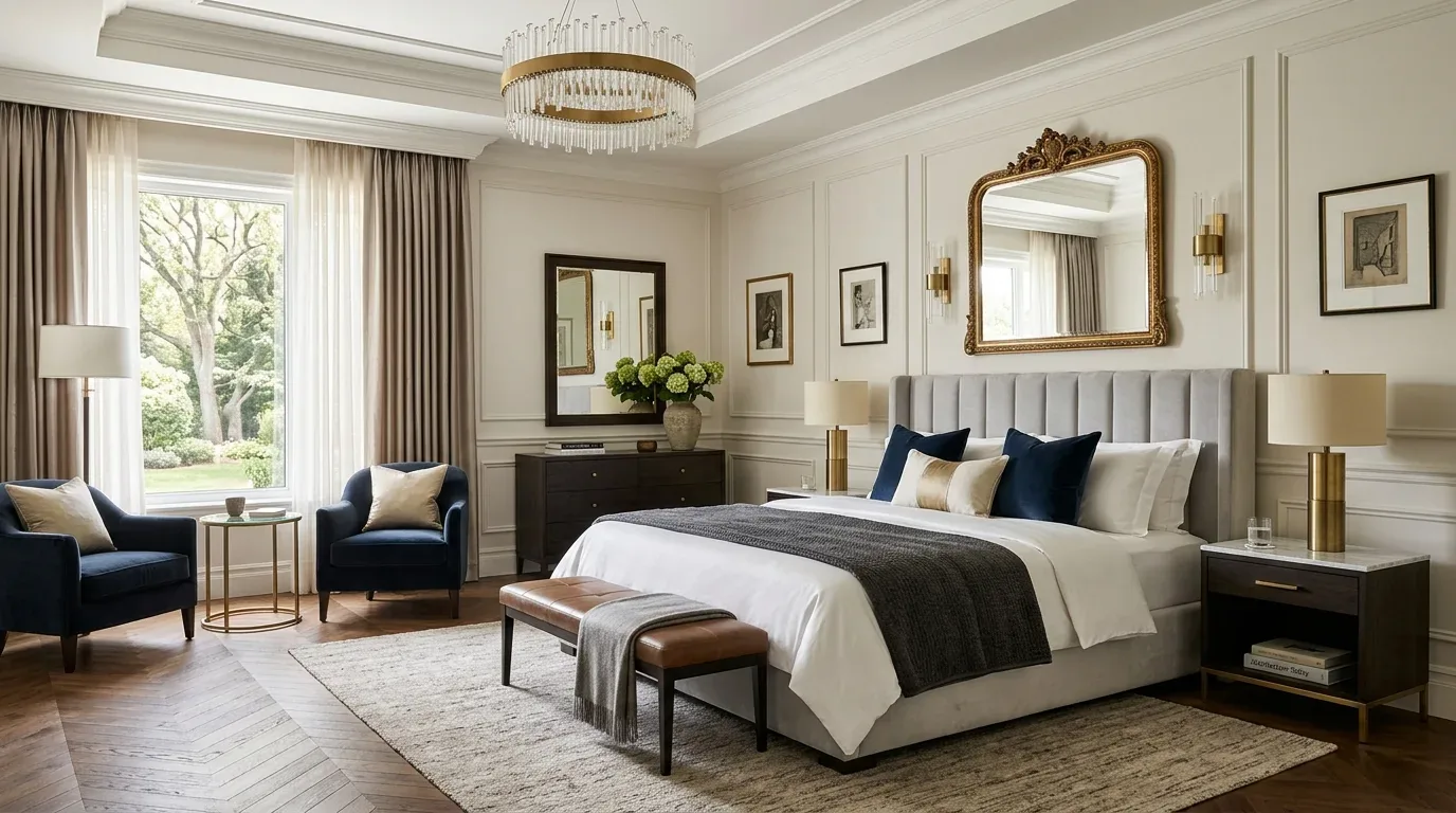 A sophisticated bedroom with a large upholstered bed, two navy armchairs, a chandelier, and elegant wall decor