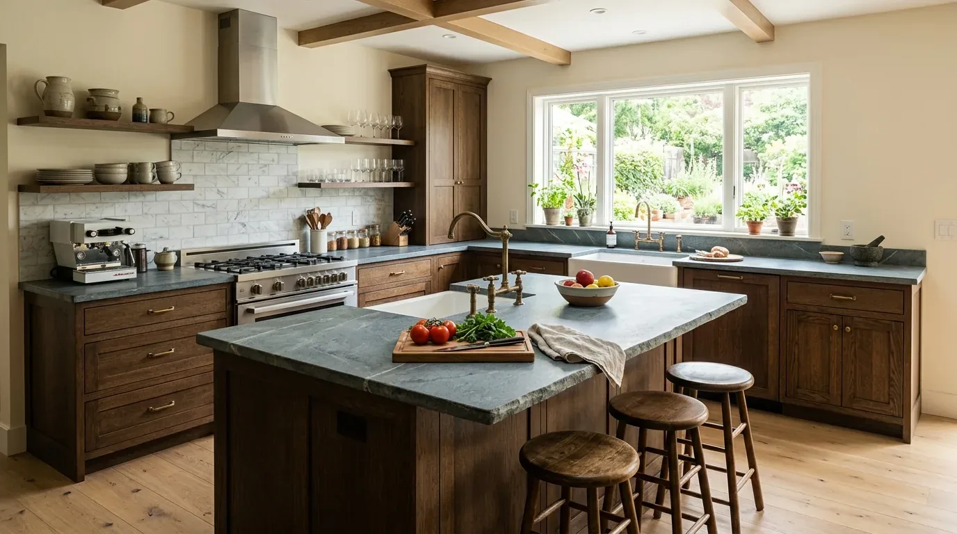 A modern kitchen with a polished granite countertop island, stainless steel appliances, and white cabinetry