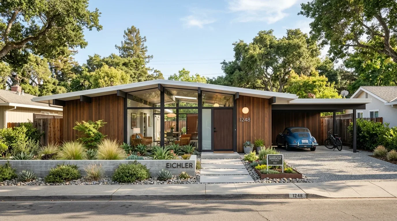 A modern mid-century style single-story house with wood paneling, large glass windows, a carport with a vintage car, and a landscaped front yard
