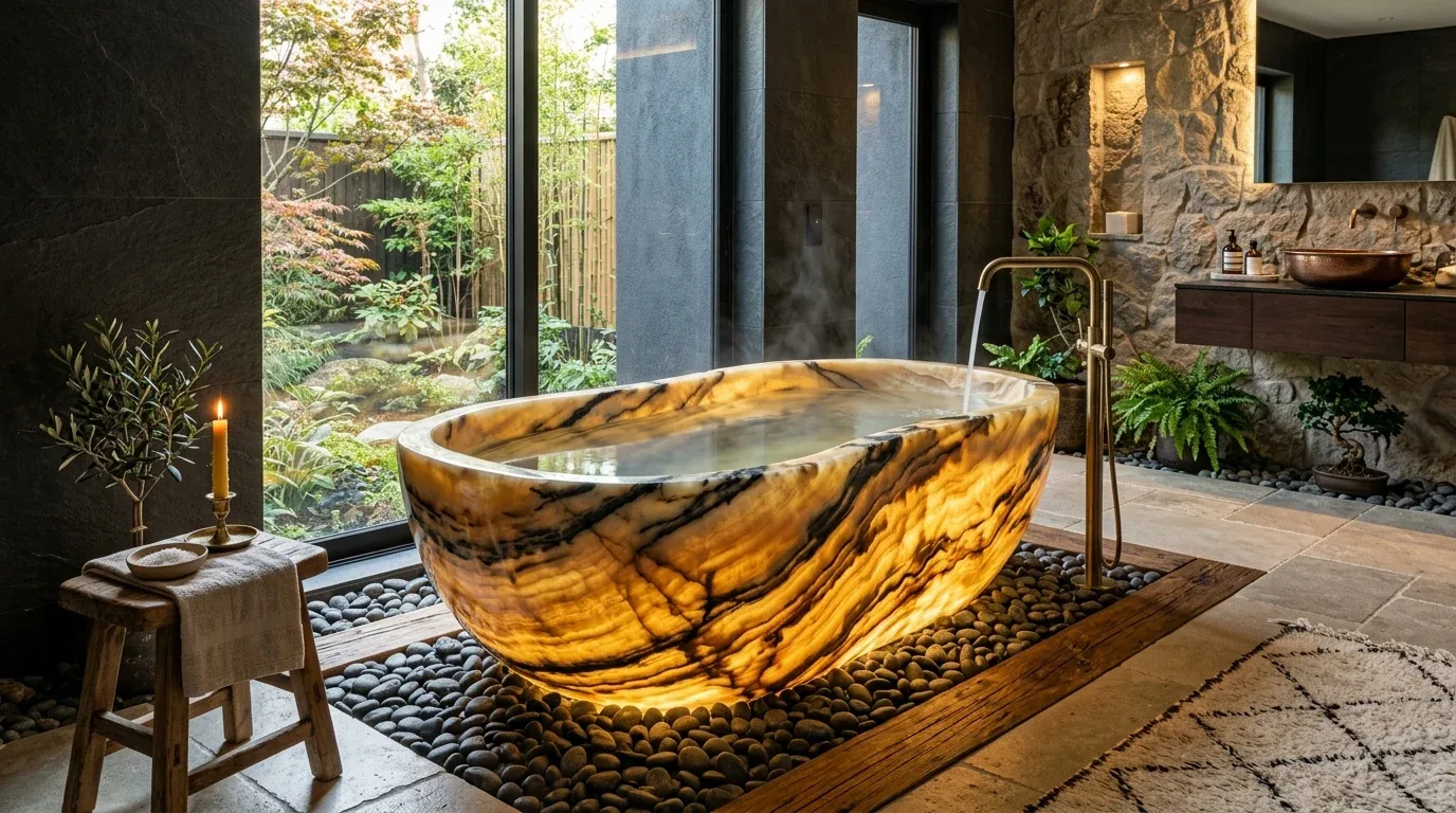 A luxurious bathroom featuring a glowing marble bathtub surrounded by river stones, with a large window overlooking a garden