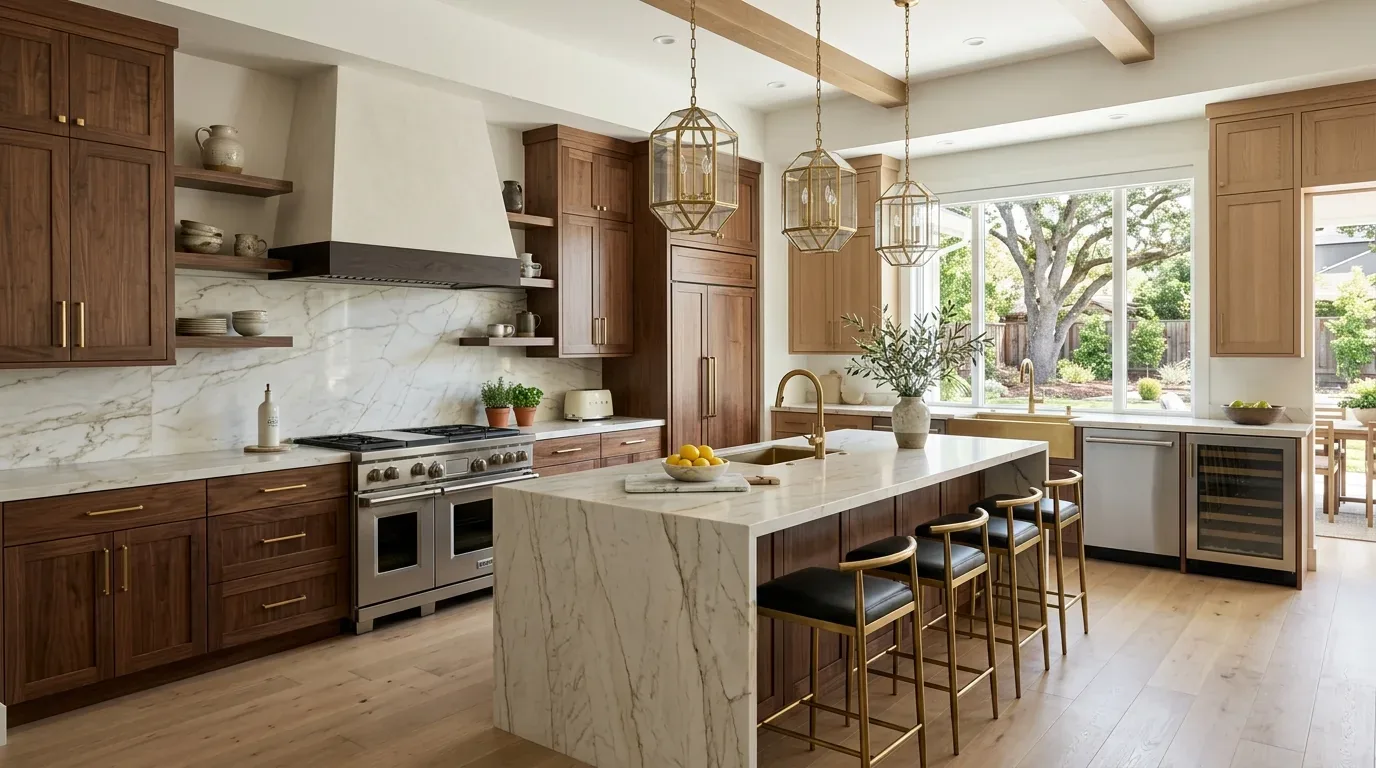 A spacious kitchen with marble countertops, wooden cabinetry, gold fixtures, and large windows overlooking a garden